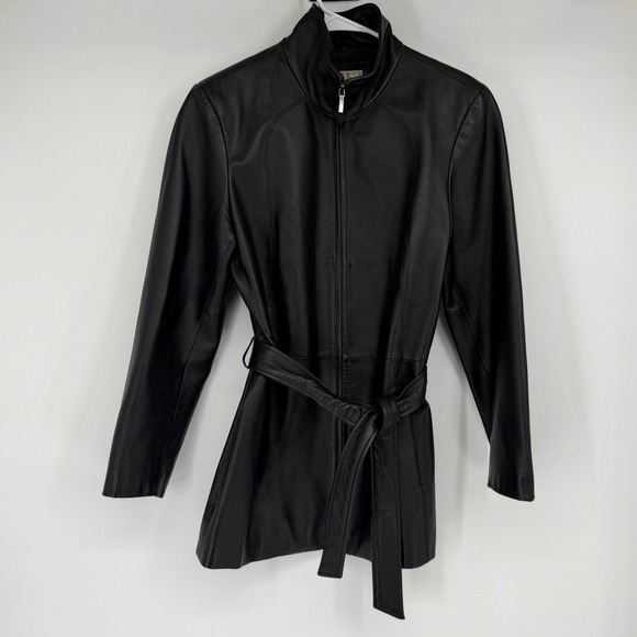 Worthington Jackets & Blazers - Worthington Womens Black Genuine Leather Belted Zip Up Jacket Size Medium